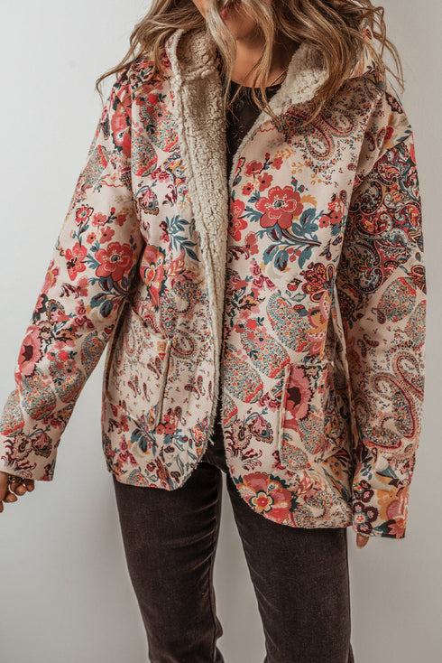 Vintage Floral Print Sherpa Lined Hooded Jacket